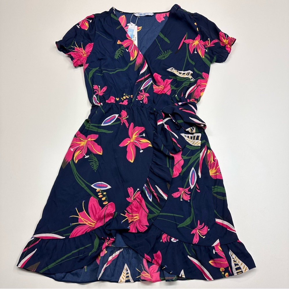 Elsie & Zoey Floral Wrap Dress Navy Pink Ruffle Hem Size L/XL Boho Chic NWT - Picture 2 of 5